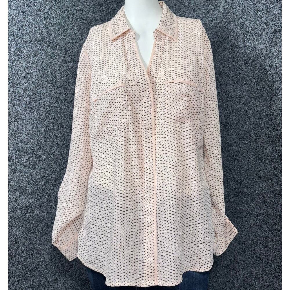 Candie’s Soft Pink Black Geometric Print Button Down Top Medium Feminine Sheer